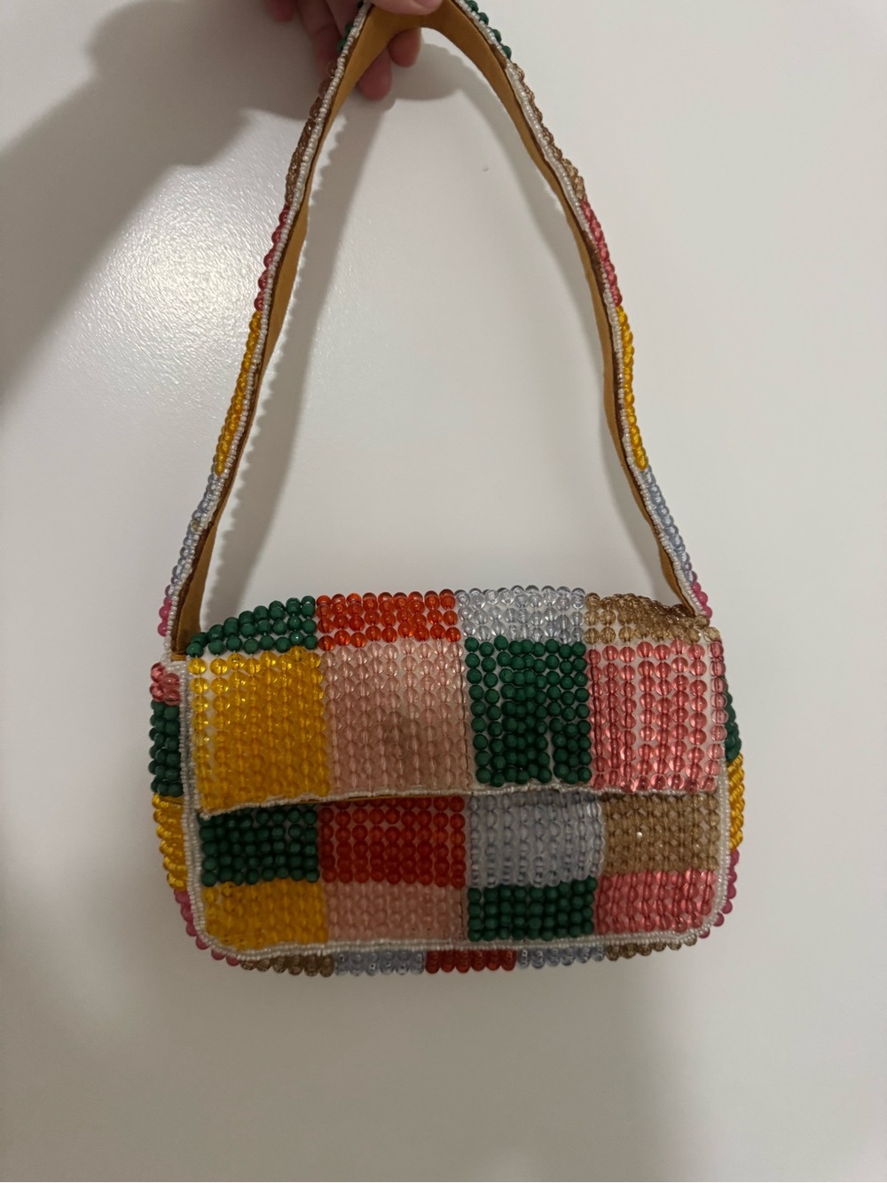 Anthropologie Multicolor Beaded Checker Shoulder Bag with Green, Yellow & Pink